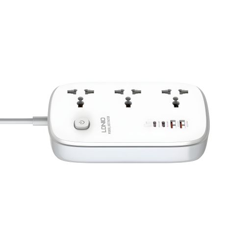 Удлинитель Ldnio SC3416 с 2 USB/2 Type-C, 3 розетки, QC/PD, 65W/5A, 2m с евро вилкой, белый