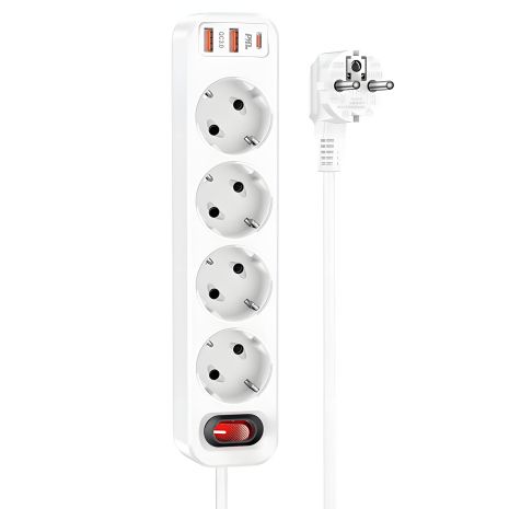 Сетевой удлинитель Hoco NS1 с 2USB/1Type-C, 4000W, 20W/3A, 4 розетки, PD/QC, белый, 1.8m