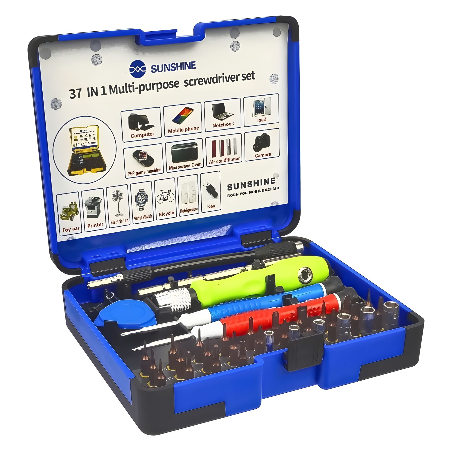 Sunshine набор инструментов SS-5110 (ручка, 30 бит, 2 удлинителя, пинцет, отвертки +1.5, звезда 0.8, медиатор) Sunshine набор инструментов SS-5110 (ручка, 30 бит, 2 удлинителя, пинцет, отвертки +1.5, звезда 0.8, медиатор)