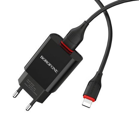 Зарядний пристрій Borofone BA20A з кабелем USB to Lightning, 1USB, 2.1A, Чорний