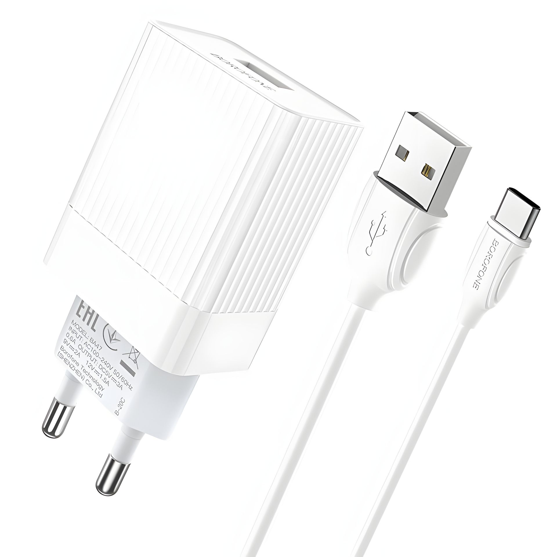 Зарядное устройство Borofone BA47A QC3.0 1USB/3A + Type-C кабель Белого цвета Зарядное устройство Borofone BA47A QC3.0 1USB/3A + Type-C кабель Белого цвета