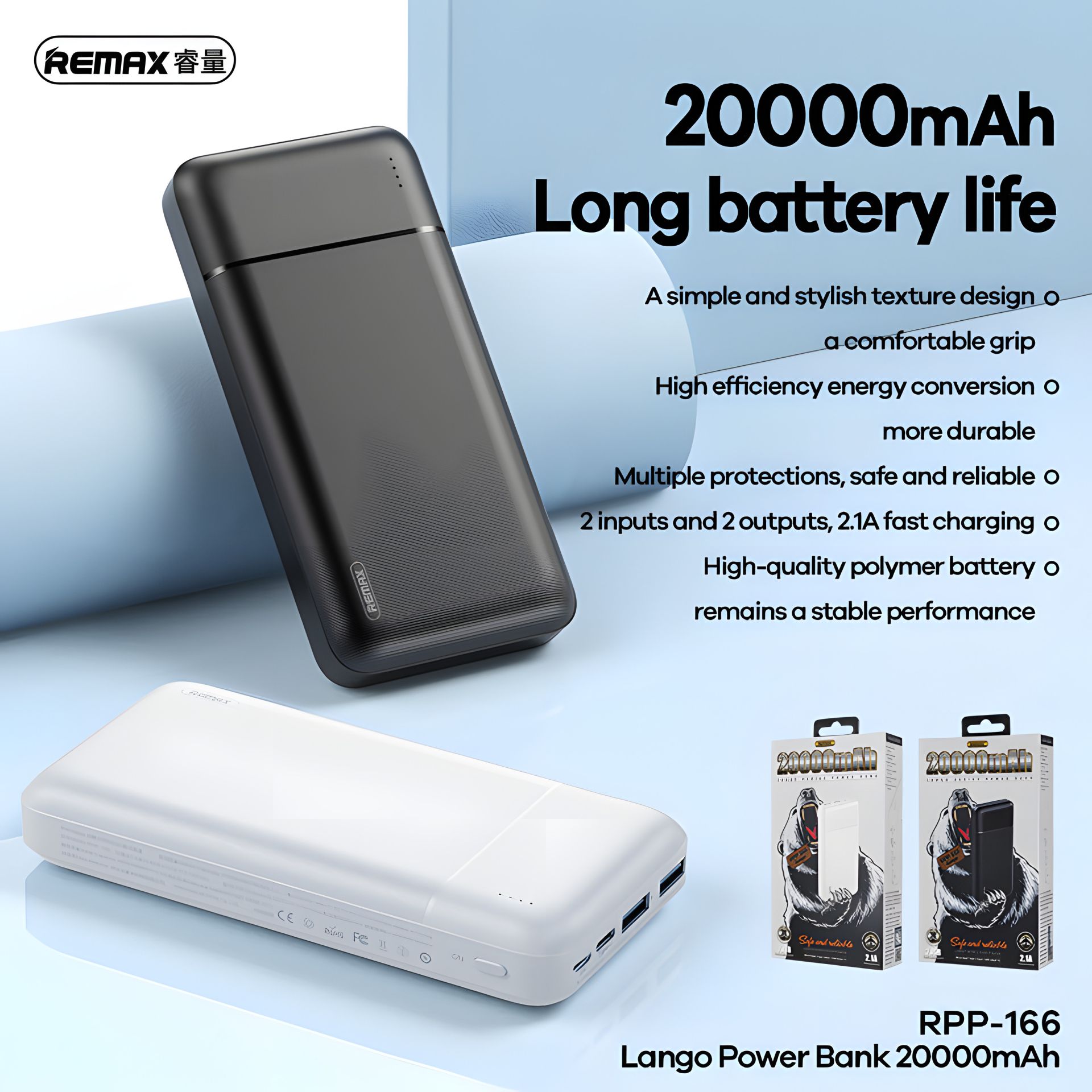 Повербанк Remax RPP-166 Lango (20000 mAh/Out: 2USB 5V/2.1A/In: Type-C, micro-USB 5V/2.1A) з LED індикатором, Білий Повербанк Remax RPP-166 Lango (20000 mAh/Out: 2USB 5V/2.1A/In: Type-C, micro-USB 5V/2.1A) з LED індикатором, Білий