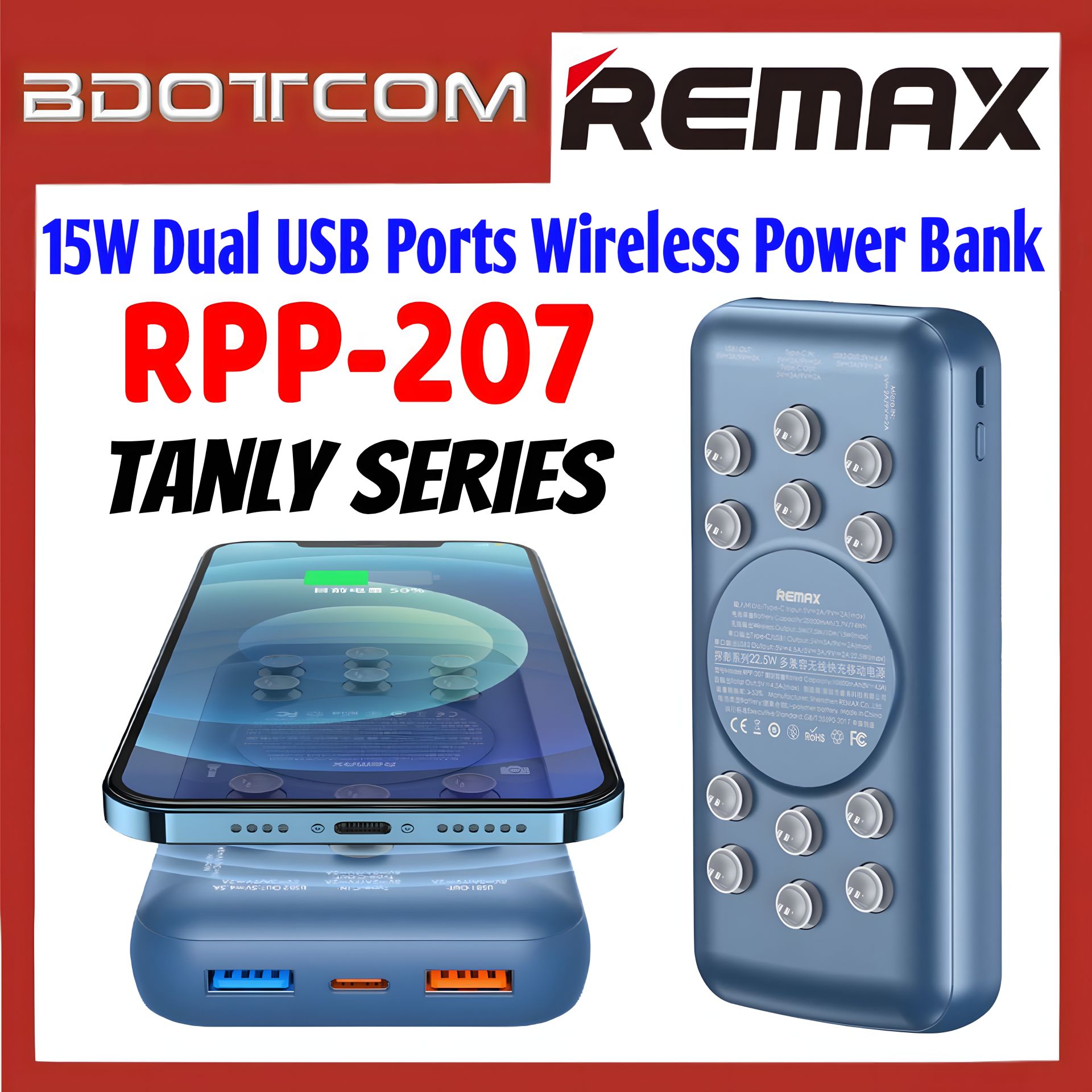 Повербанк Remax RPP-207 Tanyl Wireless Charger (20000 mAh / Out: 2USB 22.5W, Type-C 18W, Qi 15W/ In: Type-C, micro-USB 5V/2A) с LED индикатором, Синий Повербанк Remax RPP-207 Tanyl Wireless Charger (20000 mAh / Out: 2USB 22.5W, Type-C 18W, Qi 15W/ In: Type-C, micro-USB 5V/2A) с LED индикатором, Синий