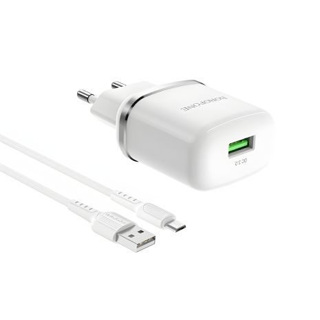 Мережевий зарядний пристрій Borofone BA36A, кабель USB to MicroUSB, QC3.0, білий, швидкісний Мережевий зарядний пристрій Borofone BA36A, кабель USB to MicroUSB, QC3.0, білий, швидкісний