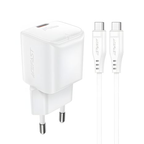 Белый зарядник Acefast A73 mini Type-C PD20W GaN + кабель Type-C to Type-C Белый зарядник Acefast A73 mini Type-C PD20W GaN + кабель Type-C to Type-C