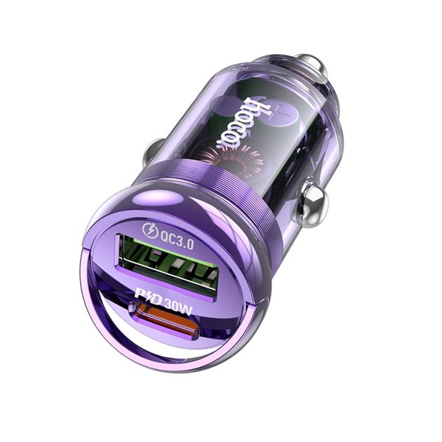 Автомобільний зарядний пристрій Hoco Z53A USB/Type-C PD 30W QC transparent purple Автомобільний зарядний пристрій Hoco Z53A USB/Type-C PD 30W QC transparent purple