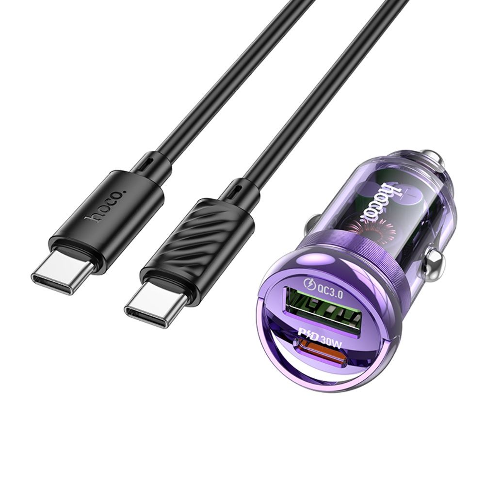 Автомобільний зарядний пристрій Hoco Z53A USB/ Type-C PD 30W QC transparent purple + кабель Type-C to Type-C Автомобільний зарядний пристрій Hoco Z53A USB/ Type-C PD 30W QC transparent purple + кабель Type-C to Type-C
