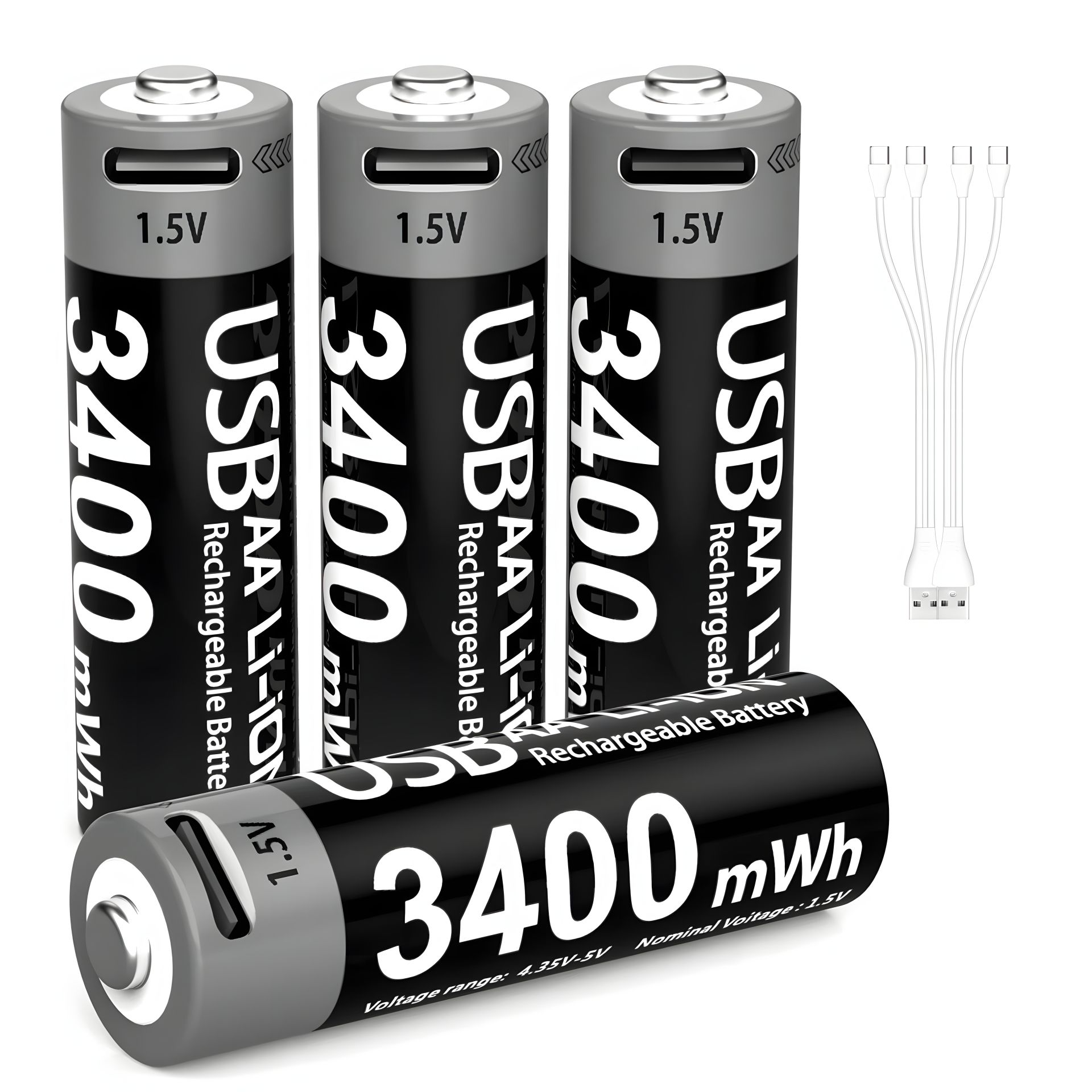 Аккумуляторные батарейки AA 3400mWh с разъемом Type-C (комплект 4 шт с кабелем) черные Аккумуляторные батарейки AA 3400mWh с разъемом Type-C (комплект 4 шт с кабелем) черные