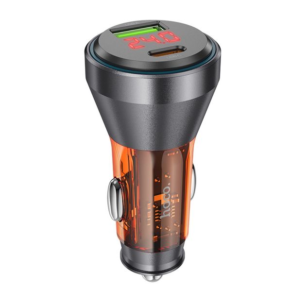 Автомобільний зарядний пристрій Hoco NZ12B USB/Type-C PD 48W з дисплеєм transparent orange Автомобільний зарядний пристрій Hoco NZ12B USB/Type-C PD 48W з дисплеєм transparent orange