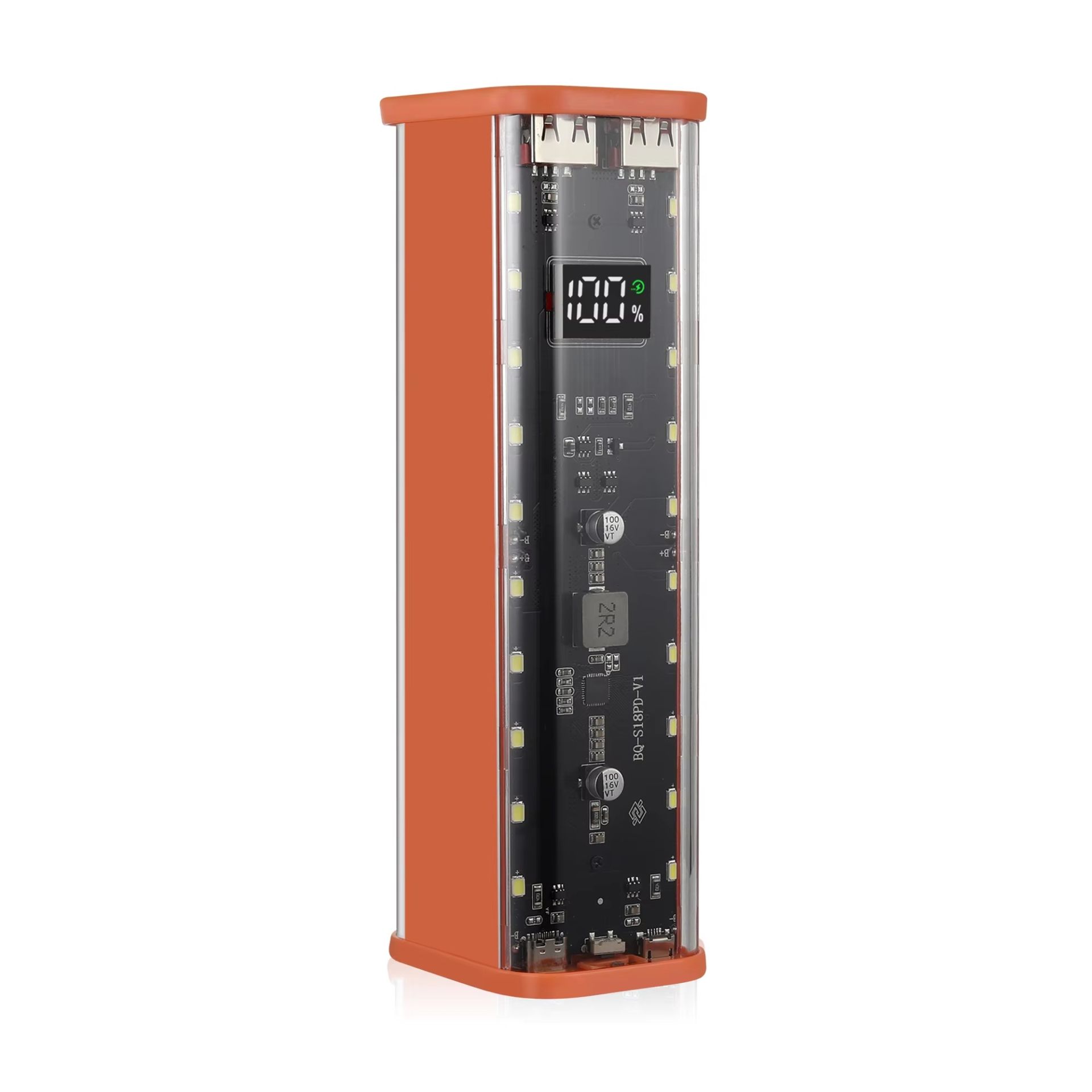 Корпус повербанка BQ-S18PD-V1 22.5W PD, QC, под АКБ 8x18650 / LED, USB-C, MicroUSB, 2xUSB-A, orange-transparent Корпус повербанка BQ-S18PD-V1 22.5W PD, QC, под АКБ 8x18650 / LED, USB-C, MicroUSB, 2xUSB-A, orange-transparent
