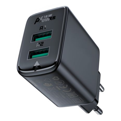 Черное зарядное устройство Acefast A33 2 USB QC Черное зарядное устройство Acefast A33 2 USB QC