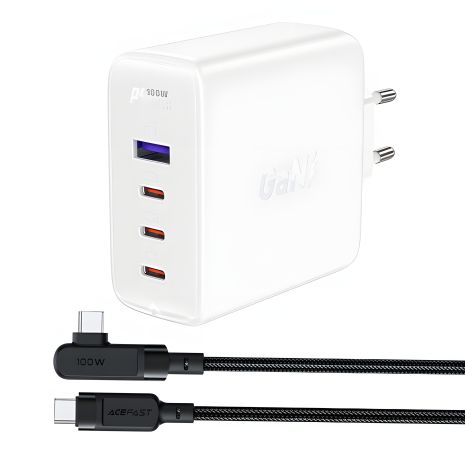 Белое зарядное устройство Acefast A37 USB/ 3 Type-C QC PD 100W + кабель Type-C to Type-C