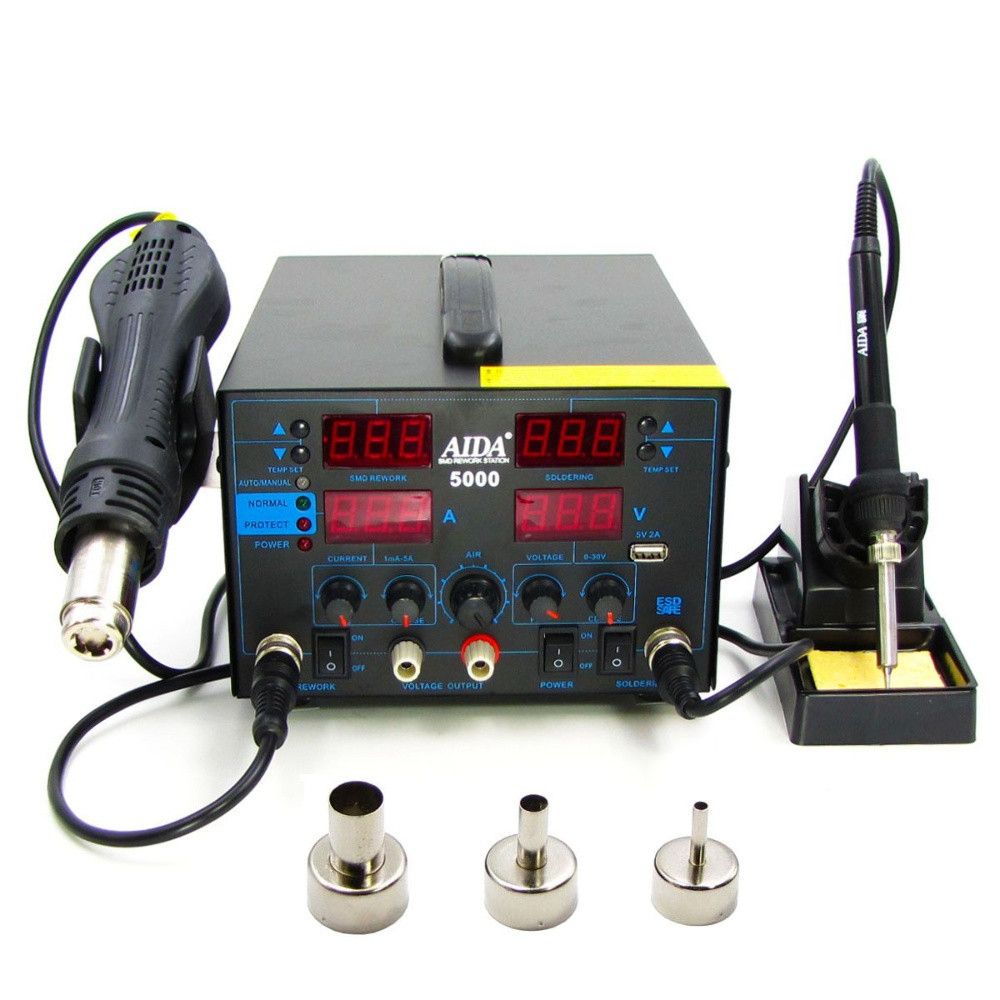 Паяльная станция Aida 5000: фен, паяльник, блок питания 30V 5A, USB A 5V 2A, цифровая индикация Паяльная станция Aida 5000: фен, паяльник, блок питания 30V 5A, USB A 5V 2A, цифровая индикация