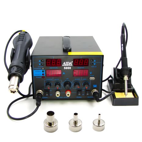 Паяльная станция Aida 5000: фен, паяльник, блок питания 30V 5A, USB A 5V 2A, цифровая индикация