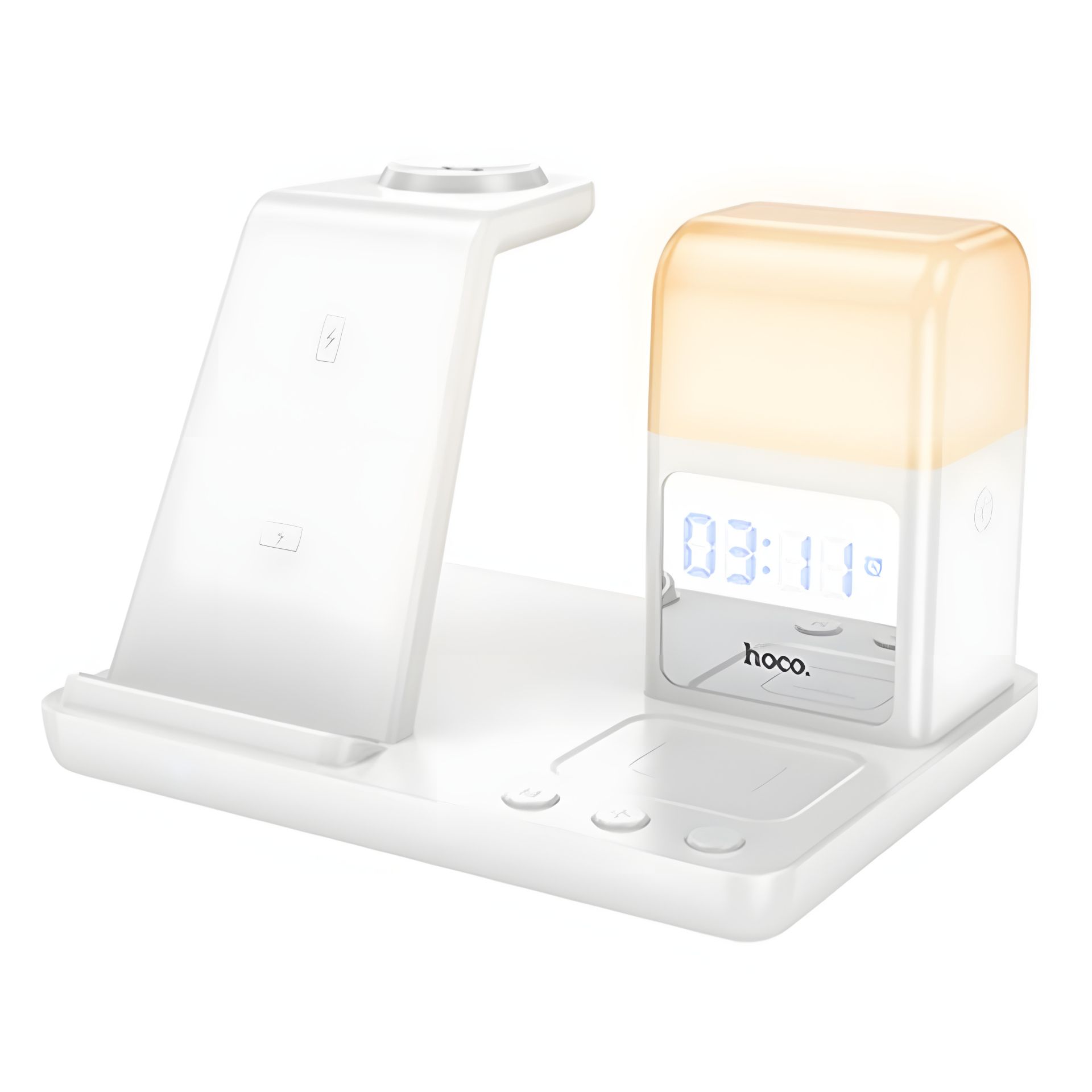 Бездротовий зарядний пристрій Hoco CQ9 3-в-1 з годинником білого кольору Бездротовий зарядний пристрій Hoco CQ9 3-в-1 з годинником білого кольору