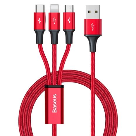 Кабель Baseus Rapid 3-in-1, USB to MicroUSB, Lightning, Type-C, 3.5A, 1.2m, CAJS0000, Червоний Кабель Baseus Rapid 3-in-1, USB to MicroUSB, Lightning, Type-C, 3.5A, 1.2m, CAJS0000, Червоний