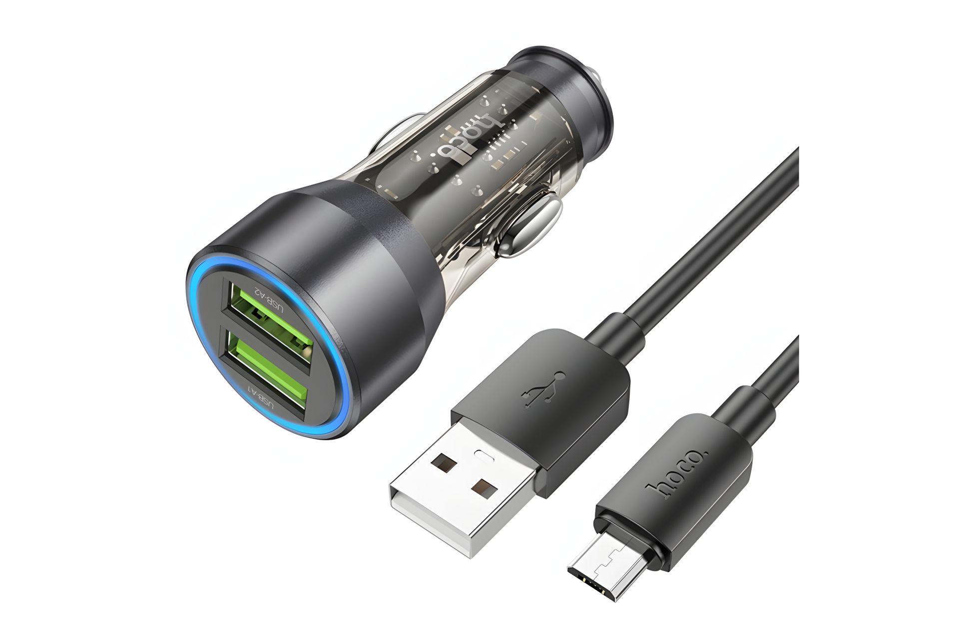 Прозрачное черное автомобильное зарядное устройство Hoco NZ12 2 USB QC 36W + USB to MicroUSB кабель Прозрачное черное автомобильное зарядное устройство Hoco NZ12 2 USB QC 36W + USB to MicroUSB кабель