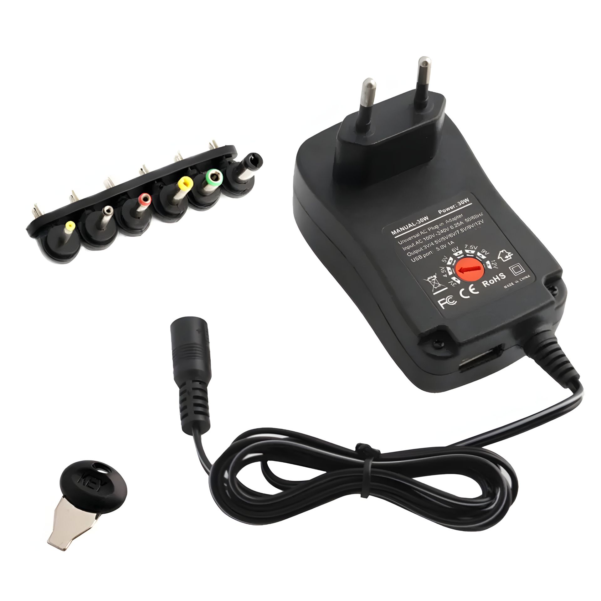 Блок питания универсальный AC-DC 30W | 3V-12V 2.5A, USB 5Vx2.1A, переходники | черный Блок питания универсальный AC-DC 30W | 3V-12V 2.5A, USB 5Vx2.1A, переходники | черный