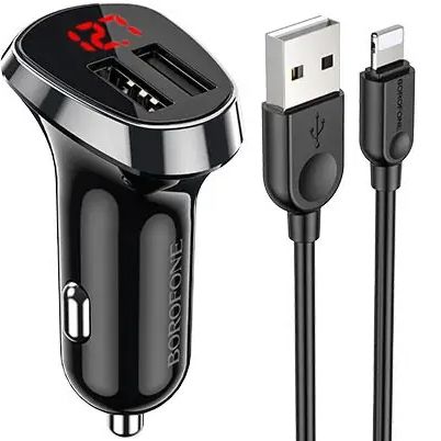 Автомобильное зарядное устройство Borofone BZ15 2 USB c дисплеем черное + кабель USB to Lightning iPhone Автомобильное зарядное устройство Borofone BZ15 2 USB c дисплеем черное + кабель USB to Lightning iPhone