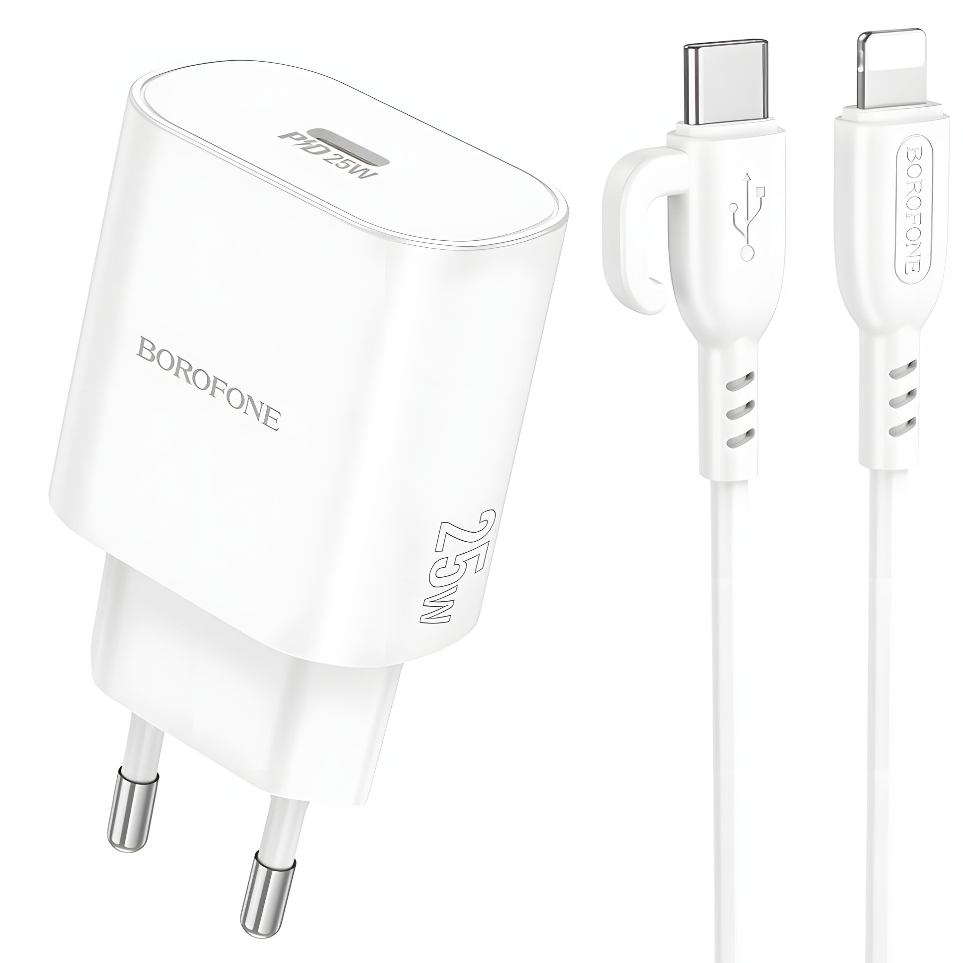 Зарядка Borofone BA82A PD/QC 25W 1USB-C + кабель Type-C to Lightning белая Зарядка Borofone BA82A PD/QC 25W 1USB-C + кабель Type-C to Lightning белая