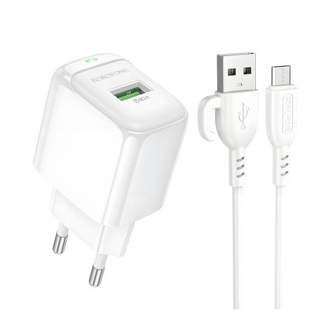 Мережевий зарядний пристрій Borofone BAS42A 1USB QC3.0 18W+USB to Micro Білий Мережевий зарядний пристрій Borofone BAS42A 1USB QC3.0 18W+USB to Micro Білий