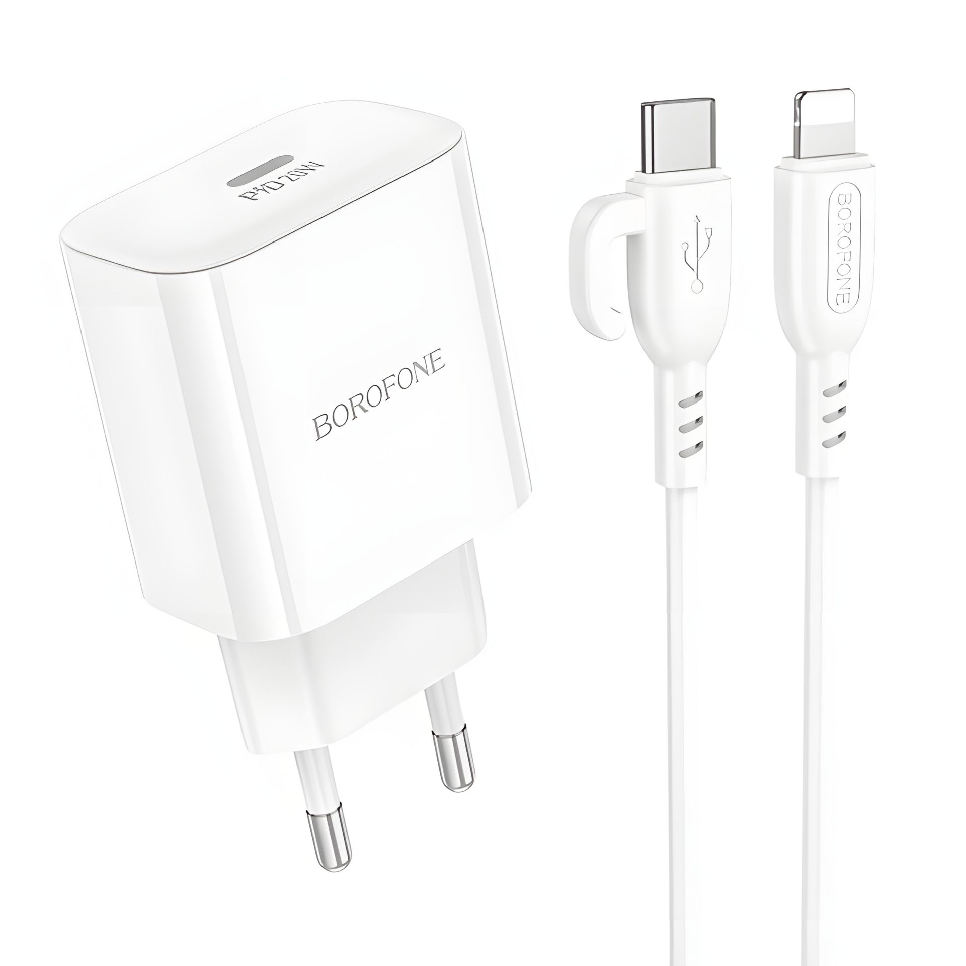 Мережевий зарядний пристрій Borofone BA81A 1USB-C PD/QC 20W+Type-C to Lightning Білий Мережевий зарядний пристрій Borofone BA81A 1USB-C PD/QC 20W+Type-C to Lightning Білий