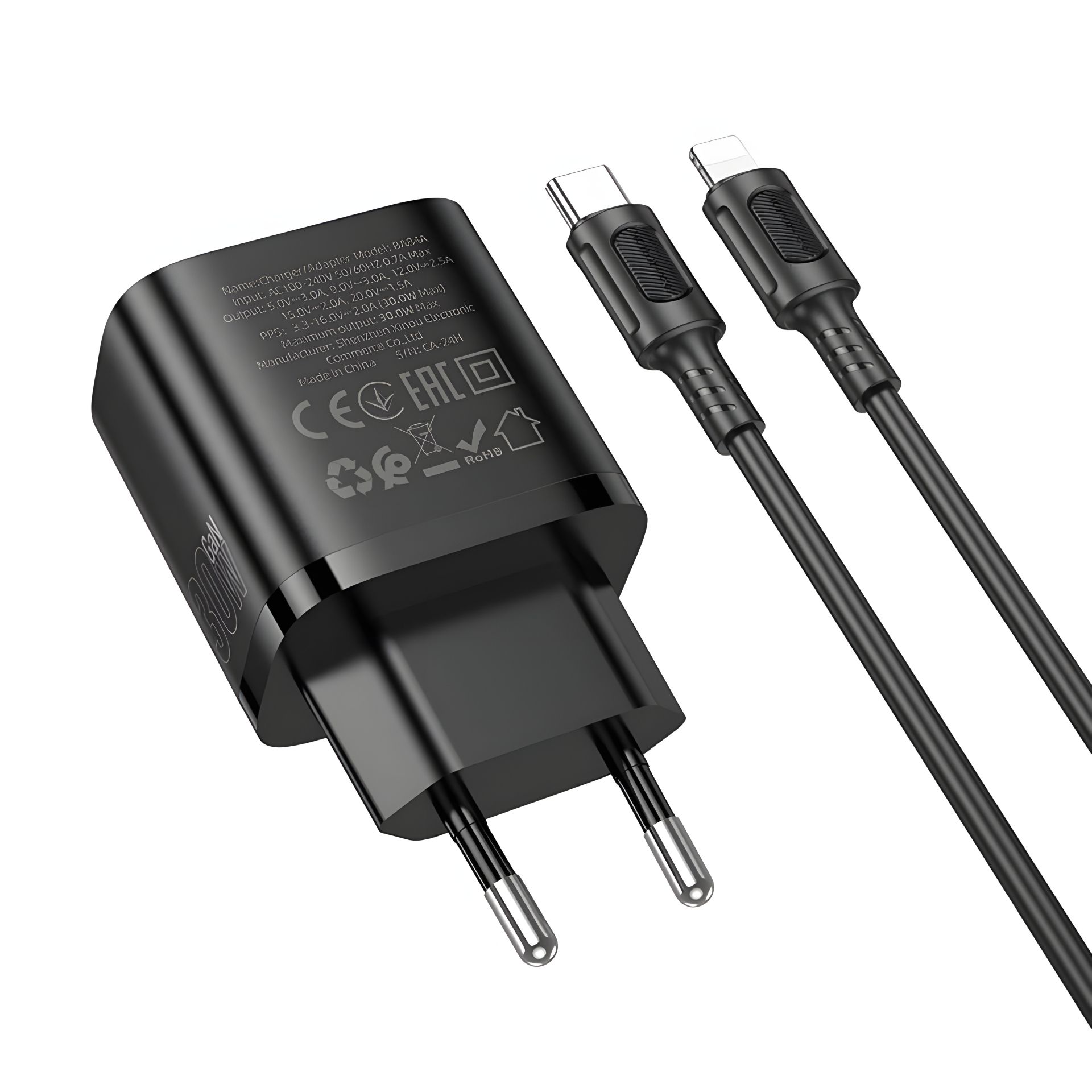 Зарядка Borofone BA84A PD/QC 30W 1USB-C + кабель Type-C to Lightning чёрная Зарядка Borofone BA84A PD/QC 30W 1USB-C + кабель Type-C to Lightning чёрная