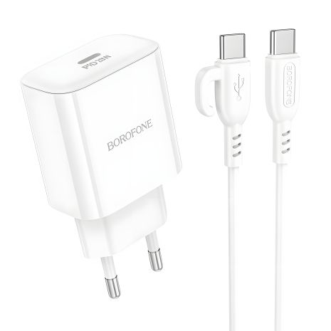 Зарядное Устройство Borofone BA81A 1USB-C PD/QC 20W+Белый Type-C to Type-C Зарядное Устройство Borofone BA81A 1USB-C PD/QC 20W+Белый Type-C to Type-C