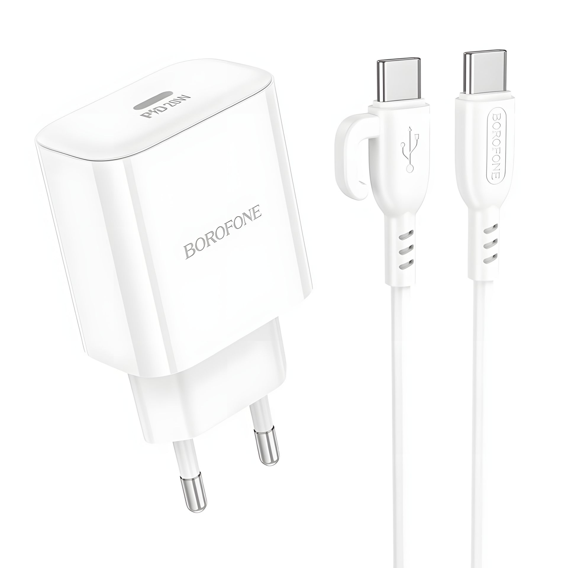 Мережевий зарядний пристрій Borofone BA81A 1USB-C PD/QC 20W + кабель Type-C to Type-C, Білий Мережевий зарядний пристрій Borofone BA81A 1USB-C PD/QC 20W + кабель Type-C to Type-C, Білий