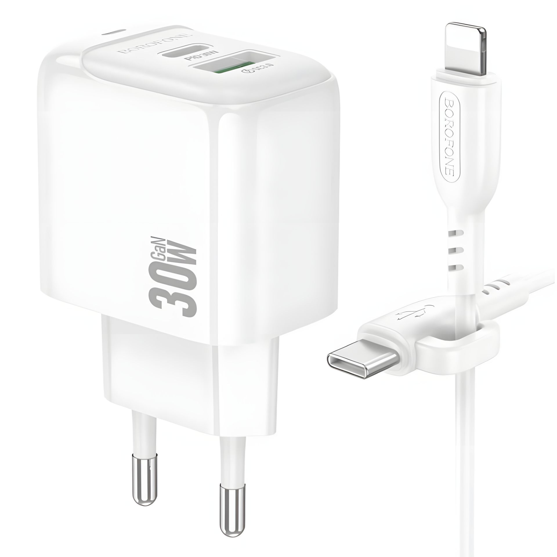 Зарядное Устройство Borofone BAS45A 1USB-C/1USB PD/QC 30W+Белый Type-C to Lightning Зарядное Устройство Borofone BAS45A 1USB-C/1USB PD/QC 30W+Белый Type-C to Lightning