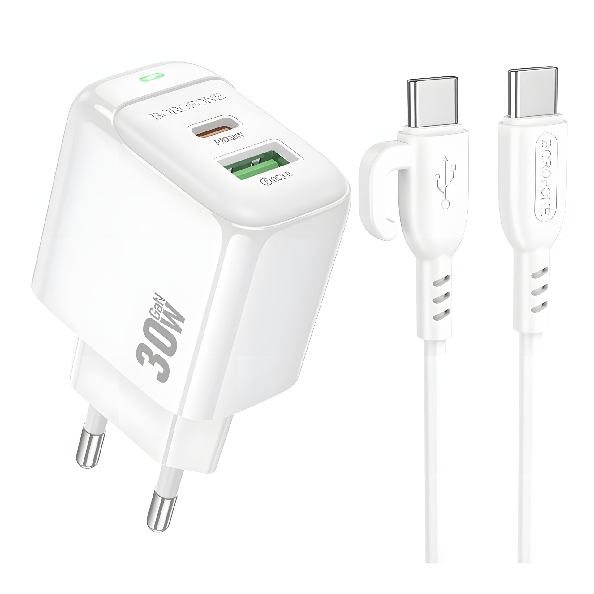 Зарядний пристрій Borofone BAS45A 1USB-C/1USB PD/QC 30W+Type-C to Type-C Білий Зарядний пристрій Borofone BAS45A 1USB-C/1USB PD/QC 30W+Type-C to Type-C Білий