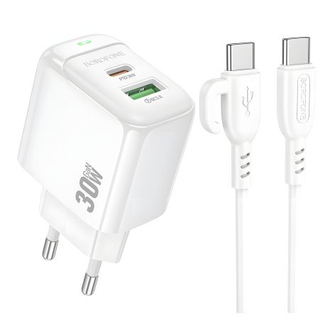 Зарядний пристрій Borofone BAS45A 1USB-C/1USB PD/QC 30W+Type-C to Type-C Білий