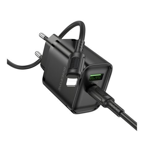 Мережевий зарядний пристрій Borofone BA83A 1USB-C/1USB PD/QC 20W + Type-C to Lightning Чорний Мережевий зарядний пристрій Borofone BA83A 1USB-C/1USB PD/QC 20W + Type-C to Lightning Чорний