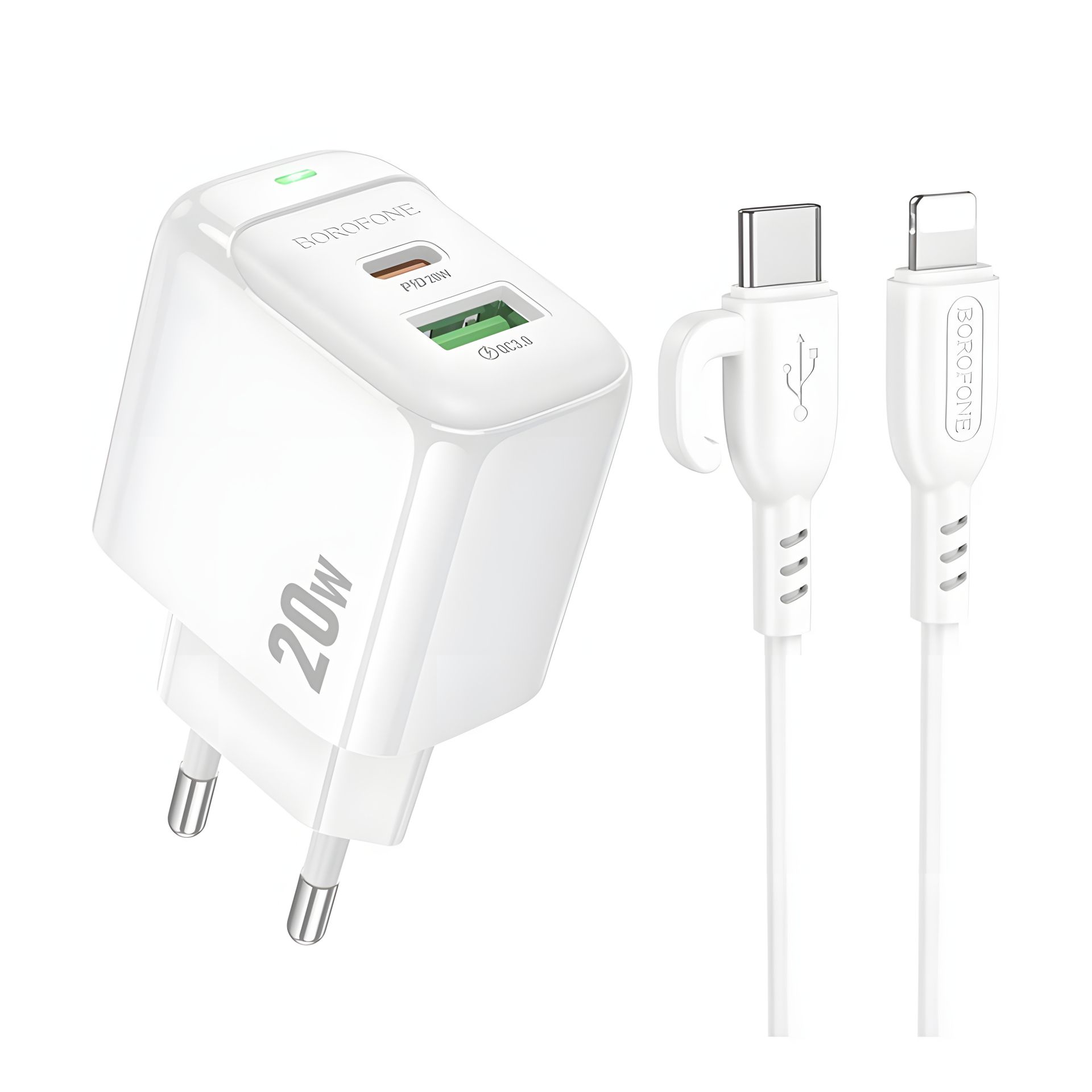 Зарядное Устройство Borofone BAS44A 1USB-C/1USB PD/QC 20W+Белый Type-C to Lightning Зарядное Устройство Borofone BAS44A 1USB-C/1USB PD/QC 20W+Белый Type-C to Lightning