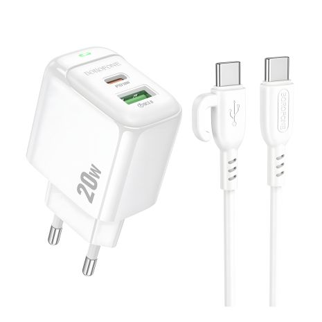 Мережевий зарядний пристрій Borofone BAS44A 1USB-C/1USB PD/QC 20W+Type-C to Type-C Білий ChargePro