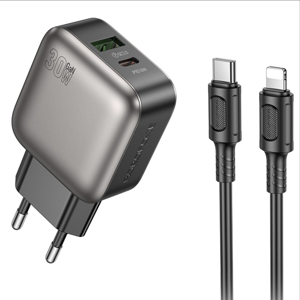 Мережевий зарядний пристрій Borofone BAS55A 1USB-C/1USB PD/QC 30W GAN+Type-C to Lightning Чорний Мережевий зарядний пристрій Borofone BAS55A 1USB-C/1USB PD/QC 30W GAN+Type-C to Lightning Чорний