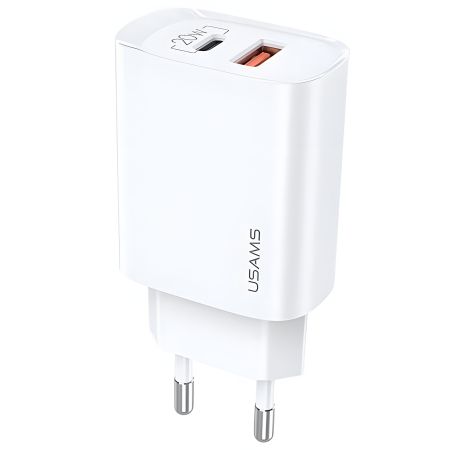 USAMS T35 Fast Charger US-CC121: адаптер мережевий, 1USB, 1Type-C, 20W, PD3.0, QC, білий