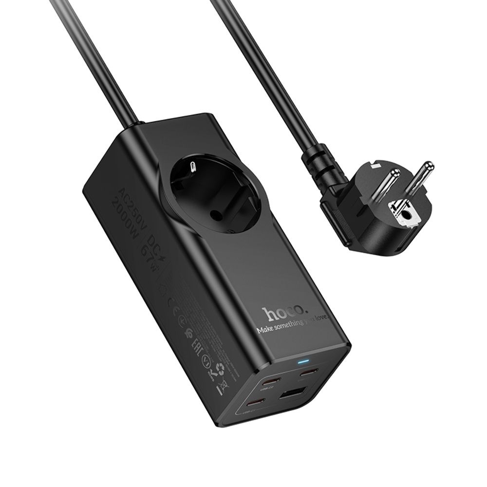 Зарядное устройство сетевое удлинитель Hoco NS9 USB/ 3 Type-C PD 67W, 1 розетка, 2m, черный Зарядное устройство сетевое удлинитель Hoco NS9 USB/ 3 Type-C PD 67W, 1 розетка, 2m, черный