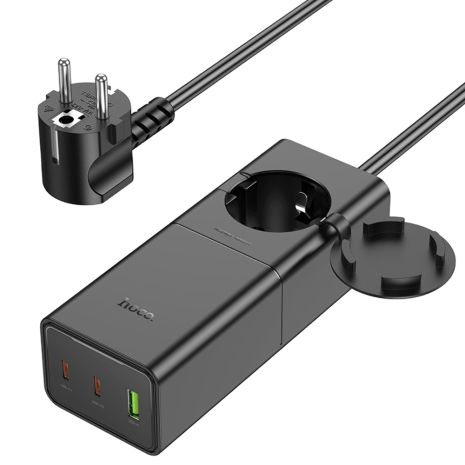Мережевий зарядний пристрій подовжувач Hoco NS4, 1 USB, 2 Type-C, PD 65W, 1.5m, black Мережевий зарядний пристрій подовжувач Hoco NS4, 1 USB, 2 Type-C, PD 65W, 1.5m, black