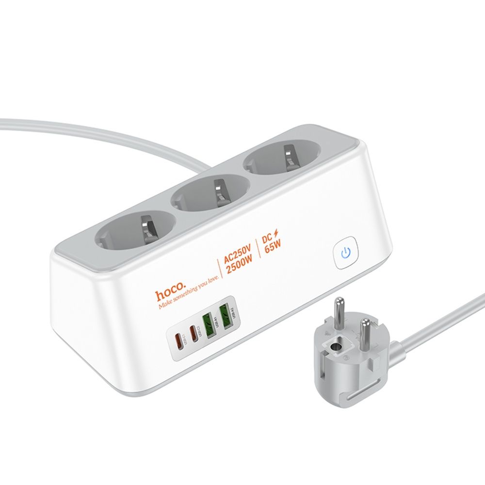 Мережевий зарядний пристрій подовжувач Hoco AC23, 2 USB, 2 Type-C, PD 65W, 3 розетки, 2m, white Мережевий зарядний пристрій подовжувач Hoco AC23, 2 USB, 2 Type-C, PD 65W, 3 розетки, 2m, white