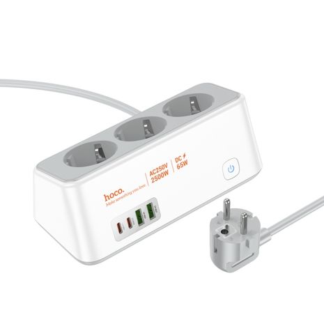 Мережевий зарядний пристрій подовжувач Hoco AC23, 2 USB, 2 Type-C, PD 65W, 3 розетки, 2m, white Мережевий зарядний пристрій подовжувач Hoco AC23, 2 USB, 2 Type-C, PD 65W, 3 розетки, 2m, white