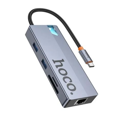 Hoco HB52 USB хаб Type-C 8-в-1, HDTV, RJ45 100 Mbps, SD, TF, PD, Type-C 3.0, 2 USB 3.0, сірий