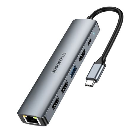 USB-хаб Borofone DH16 6-в-1 Type-C к HDMI+PD+USB3.0+USB2.0*2+RJ45 серый (L=0.15M) USB-хаб Borofone DH16 6-в-1 Type-C к HDMI+PD+USB3.0+USB2.0*2+RJ45 серый (L=0.15M)
