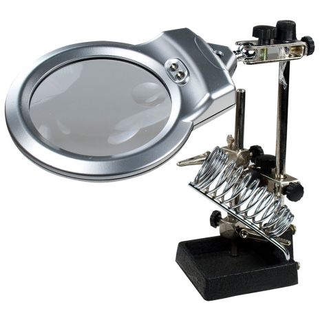 Держатель плат и паяльника MG16129-A с LED-подсветкой и двойной лупой (большая лупа 90 мм, 2x; малая лупа 21 мм, 6x) Держатель плат и паяльника MG16129-A с LED-подсветкой и двойной лупой (большая лупа 90 мм, 2x; малая лупа 21 мм, 6x)