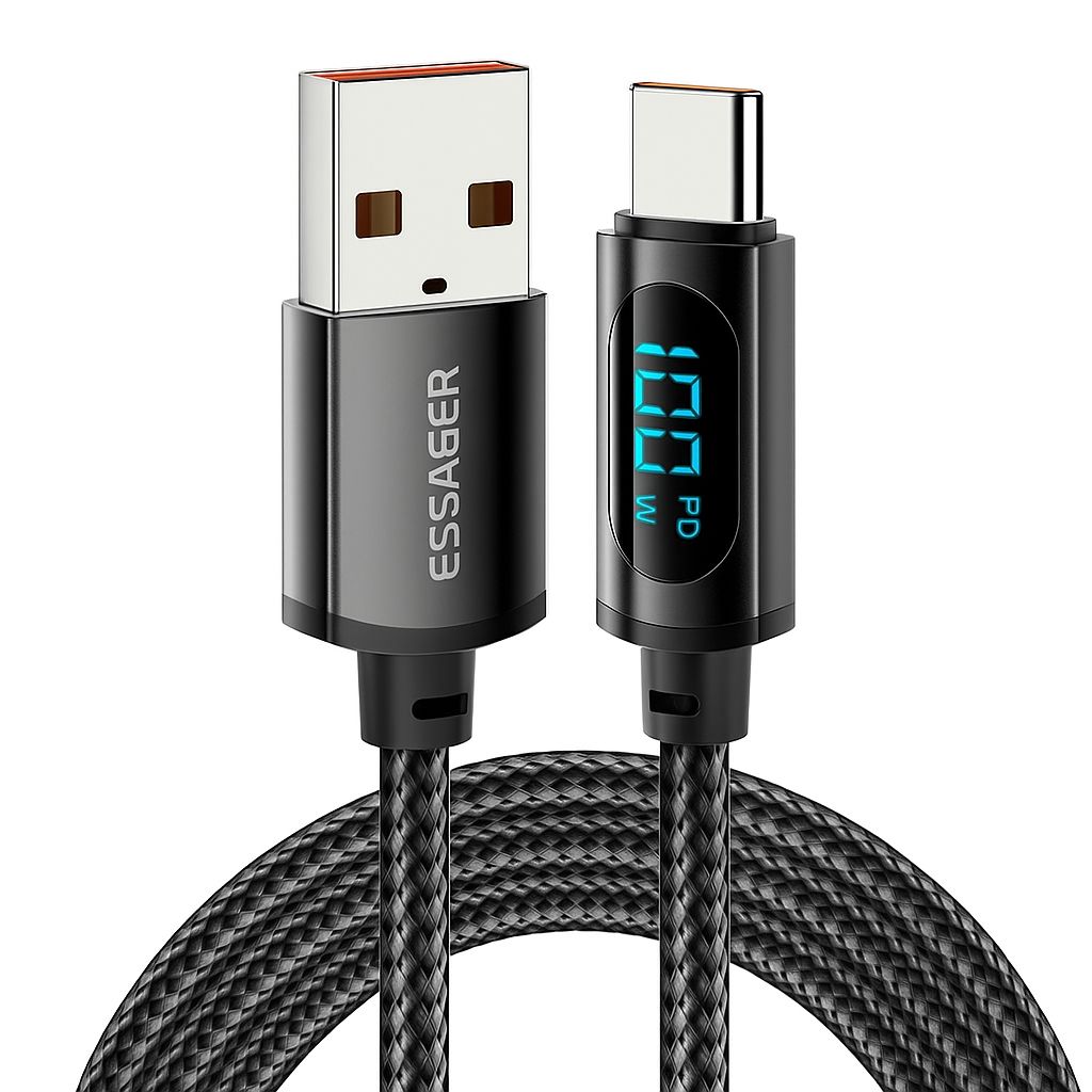 Кабель Essager USB - Type-C с дисплеем 1m (100cm) 7A 100W чёрный Кабель Essager USB - Type-C с дисплеем 1m (100cm) 7A 100W чёрный