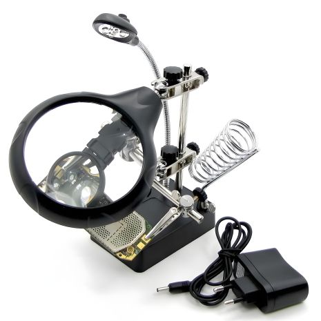 MG16129-C держатель для плат и паяльника с лупами и LED-подсветкой (d=85 мм, 2x; d=32 мм, 3.5x; d=32 мм, 5x)