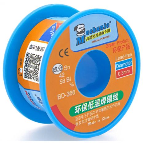Легкоплавкий припой Mechanic BD-366 40 гр, 0.3 мм, Sn 42%, Bi 58% Легкоплавкий припой Mechanic BD-366 40 гр, 0.3 мм, Sn 42%, Bi 58%