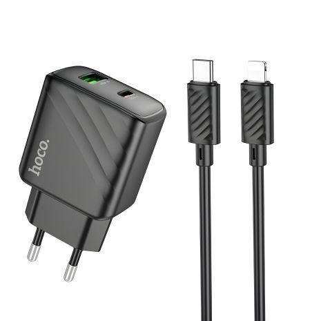 Черное Зарядное Устройство Hoco CS23A 1USB/1USB-C 30W PD/QC + Type-C to Lightning