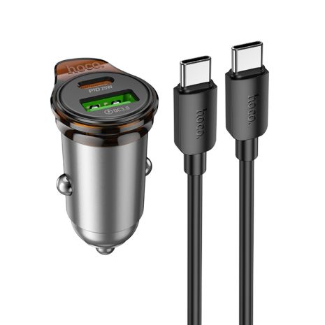 Автомобильное Устройство для Зарядки Hoco NZ16A USB/ Type-C 43W PD QC 25W метал серый + кабель Type-C to Type-C Автомобильное Устройство для Зарядки Hoco NZ16A USB/ Type-C 43W PD QC 25W метал серый + кабель Type-C to Type-C