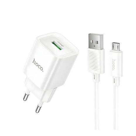 Hoco Мережевий зарядний пристрій C145A, 1USB, QC, 18W, Білий, кабель USB to MicroUSB